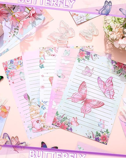 TaoBary 160 Pcs Stationery Paper Set 50 Double Sided Stationery Papers with 50 Matching Envelopes and 60 Round Dot Sticker, 10 Design(Watercolor Butterfly,5.5 x 8.25 Inch)