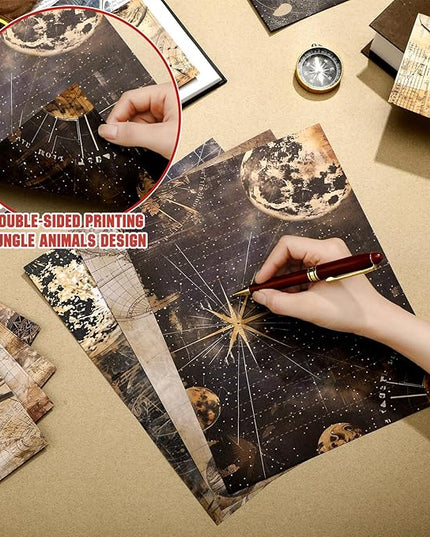 TaoBary 160 Pcs Stationery Paper Set 50 Double Sided Stationery Papers with 50 Matching Envelopes and 60 Round Dot Sticker, 10 Design(Space Moon Celestial,8.5 x 11 Inch)