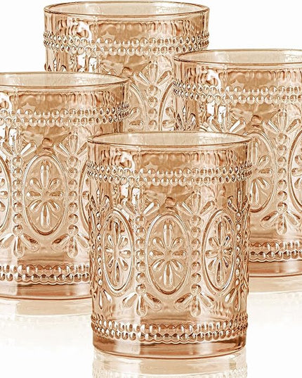 Amber Glassware set of 4, Vintage Drinking Glasses, 10oz Heavy Duty Glass Cups, Colored Glassware Set, Embossed Glasses Set for Party Wedding Home Office Gift