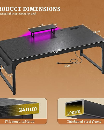 63 Inch Gaming Desk with LED Light & Power Outlets & Storage Bag, Computer Desk with Monitor Stand & 0.95 Inch Thicker Desktop,Office Writing Desk for Home Office, Study, Bedroom, Black