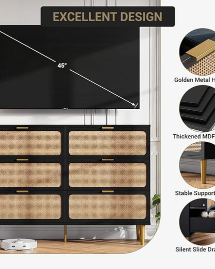 Garvee Rattan Dresser with 6 Drawers, Tall Modern Closet with Deep Storage, Large Chest of Drawers with Wide Top, Long Wooden Dresser for Bedroom, Living Room, Hallway, Kids Room, Black