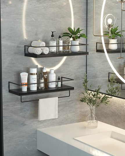 ZGO Floating Shelves for Wall Set of 2, Wall Mounted Storage Shelves with Black Metal Frame and Towel Rack for Bathroom, Bedroom, Living Room, Kitchen, Office (Black)