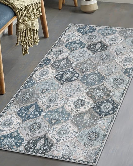 Lahome Moroccan Trellis Small Area Rug, 2x4 Rugs for Entryway Non-Slip Vintage Ultra-Thin Washable Indoor Door Mat Distressed Throw Carpet for Bathroom Kitchen Bedroom, Blue
