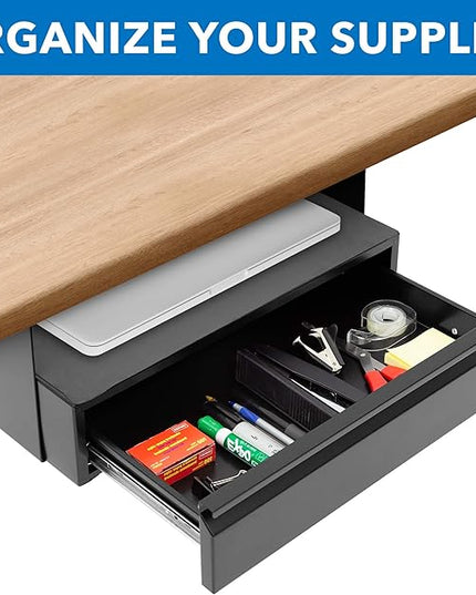 Mount-It! Under Desk Pull-Out Drawer Kit with Laptop and Tablet Shelf | Office Storage Organizer | Mounts to Desktops Tables and Workbenches Over 0.71 Inches Thick | Matte Black