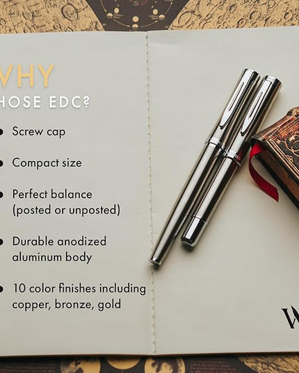 Wordsworth and Black Fountain Pen Mini EDC: Luxury Silver Heavy Pocket Pen, Chrome Finish, Medium Nib, 6 Ink Cartridges, Ink Converter, Travel Refillable Writing Pen Gift Set, Men & Women