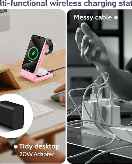 3 in 1 Wireless Charging Station: 5000mAh Removable Power Bank Charger Stand for Phone/Watch/Air Pods - Portable Magnetic Battery Pack for Air 17 16 15 14 13 12 Series Pink
