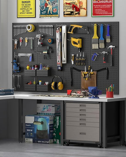 Peg Board,4 Pack Metal Pegboard Panels and Accessories,Heavy Duty Peg Board with 8 Pieces Hooks, Black Wall Pegboards Organizer for Garage,Bedroom,Ornaments Display