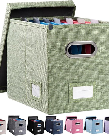 PRANDOM File Organizer Box - Set of 1 Collapsible Decorative Linen Filing Storage Hanging File Folders with Lids Office Cabinet Letter Size Green (14x9.3x10.8 inch)