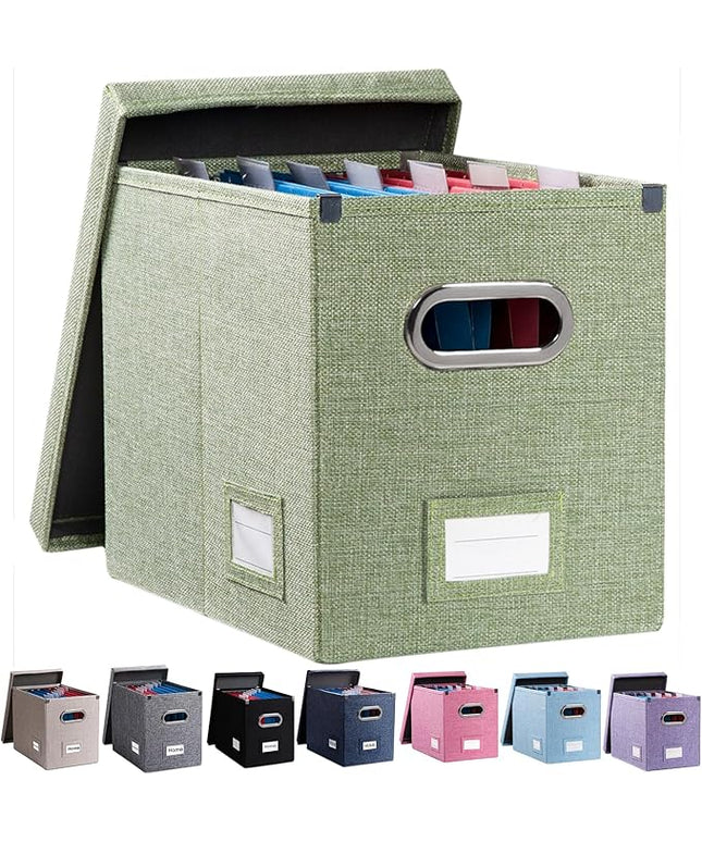 PRANDOM File Organizer Box - Set of 1 Collapsible Decorative Linen Filing Storage Hanging File Folders with Lids Office Cabinet Letter Size Green (14x9.3x10.8 inch)