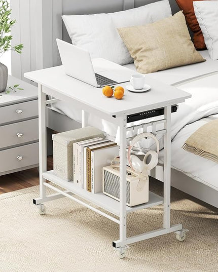 Tangkula Rolling Computer Desk Cart with Keyboard Tray, Mobile Portable Laptop PC Desk with CPU Stand & 3 Hooks for Sofa & Bed, Industrial Small Desk on Wheels for Small Spaces (White)