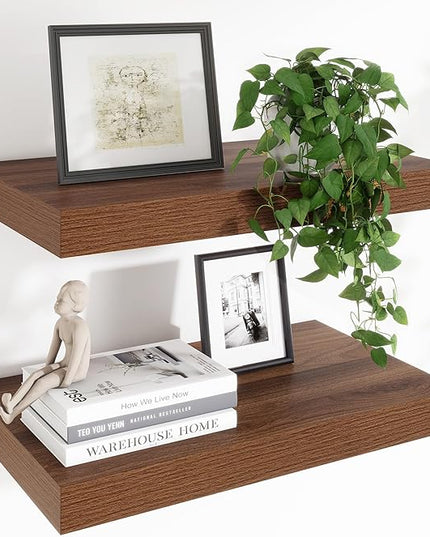 Heimlove 24 x 12 Inch Deep Floating Shelves Wall Mounted with Invisible Brackets,Storage Hanging Shelf for Wall Decor in Bathroom, Bedroom, Toilet, Kitchen, Living Room, Office Set of 2 (Walnut)