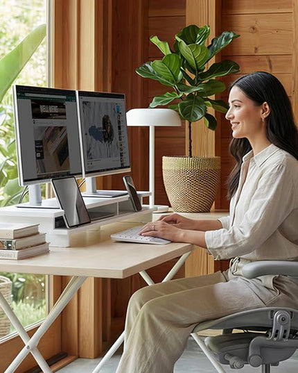 Monitor Stand Dual Monitor Stand Riser for Desk,Wood Desk Shelf Storage Organizer with Phone Tablet Holder (42.5 Inch, White)