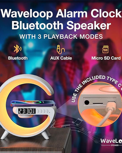Waveloop Speaker Alarm Clocks for Bedrooms with Wireless Charging and G Bluetooth Speaker, Sunrise Wake Up Light RGB Night Lamp, 4-Button Bedside Alarm Clock for Bedroom Time Display, USB-C