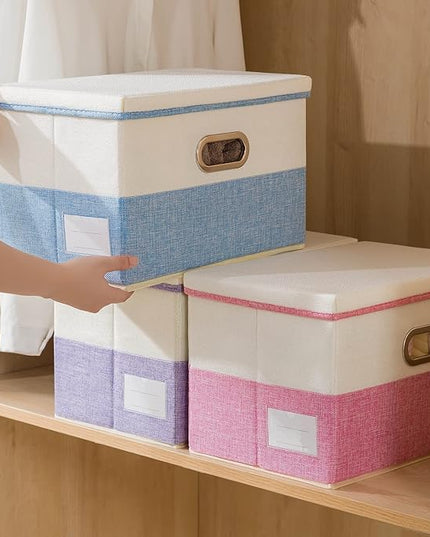 PRANDOM Collapsible Storage Bin with Lid [3-Pack] Fabric Foldable Storage Box Organizer Container Basket Cube with Cover for Home Bedroom Closet Office Nursery Purple&Cream(14.9x9.8x9.8)