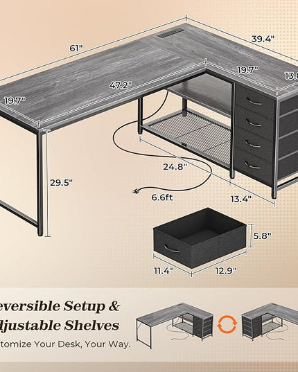PRAISUN 61" L Shaped Desk with Power Outlets and USB-C Port, Reversible Computer Corner Office Desk with 4 Fabric Drawers and 2 Height-Adjustable Shelves, Large for Gaming Writing Work Study, Grey
