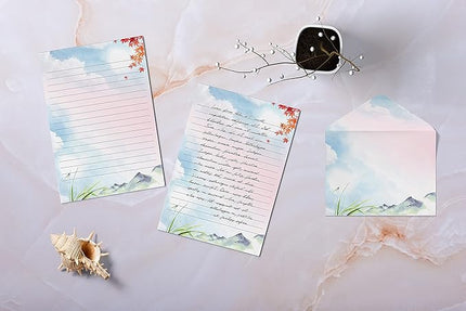 Better Office Products Mini Stationery Set of 100, Japanese Stationery Paper (50 Lined Sheets + 50 Matching Envelopes), 5.5 x 8.25 inch, 9 Designs, Double Sided Printing, One Side Lined Paper,
