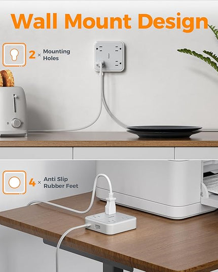 Surge Protector Flat Extension Cord 15Ft, TESSAN Flat Plug Power Strip with 4 Outlets 3 USB Ports (1 USB C), 900 Joules Protection, Multiple Wall Outlet Extender Suitable for Home Office Dorm, Grey