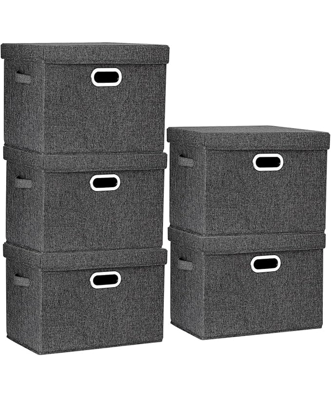 TYEERS Large Storage Bins with Lids, Collapsible, Washable, Fabric Storage Boxes for Organizing, 17.3x11.8x11.4 inches, 5 Pack, Black