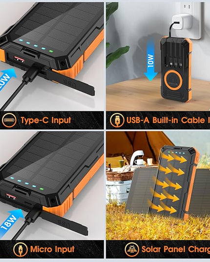 Solar Power Bank,49800mAh Wireless Portable Phone Charger with Built-in 4 Cables,22.5W Fast Charging External Battery Pack PD 3.0 USB-C In/Output for iPhone,iPad,Android,Perfect for Camping, Hiking