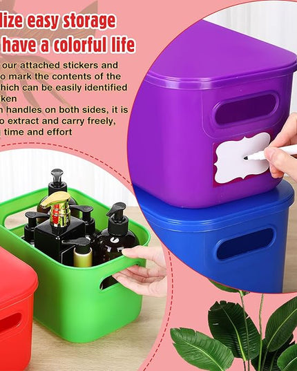 Thyle 6 Pack 7 Quarts Plastic Storage Bins for Christmas Storage with Lids Handles Colorful Stackable Desktop Box Bins with Label for Shelf Drawer,10 x 7 x 6 Inch (Brightly Colored)