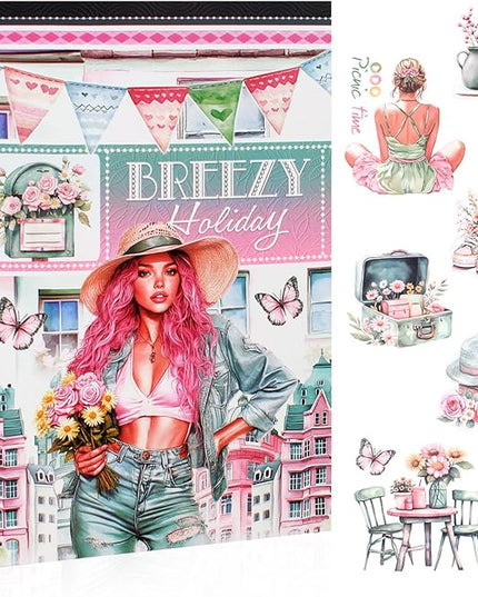 Dwpetzo Breezy Holiday Scenery Pre-Cut Journal Sticker Book for Women Journaling, Assorted Materials Paper PET Washi Stickers for Scrapbooking, Junk Journal Supplies, Planner, Collage, Crafts Arts