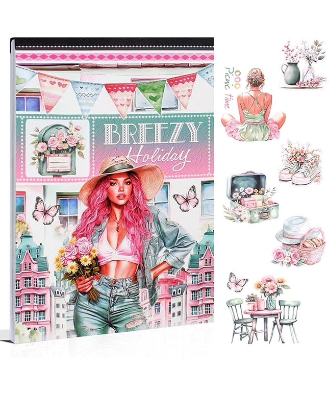 Dwpetzo Breezy Holiday Scenery Pre-Cut Journal Sticker Book for Women Journaling, Assorted Materials Paper PET Washi Stickers for Scrapbooking, Junk Journal Supplies, Planner, Collage, Crafts Arts