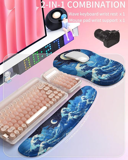 Hokafenle 2in1 Combination, Wave Keyboard Wrist Rest and Ergonomic Curvature Mouse Pad Wrist Support for Relieve Wrist Pain, Filled with Soft Cushion Memory Foam, Crescent Waves