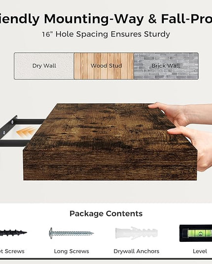 Floating Shelves 48 Inch Long, 12 Inch Deep Floating Shelves for Wall, 48 x 12 Large Wall Shelves for Home Storage & Display, 2" Thicked Floating Shelf for Bedroom, Living Room, Rustic Brown, 1 Pack