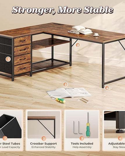 PRAISUN 53" L Shaped Desk with Power Outlets and USB-C Port, Reversible Computer Corner Office Desk with 4 Fabric Drawers and 2 Height-Adjustable Shelves, Large for Gaming Writing Study, Rustic Brown