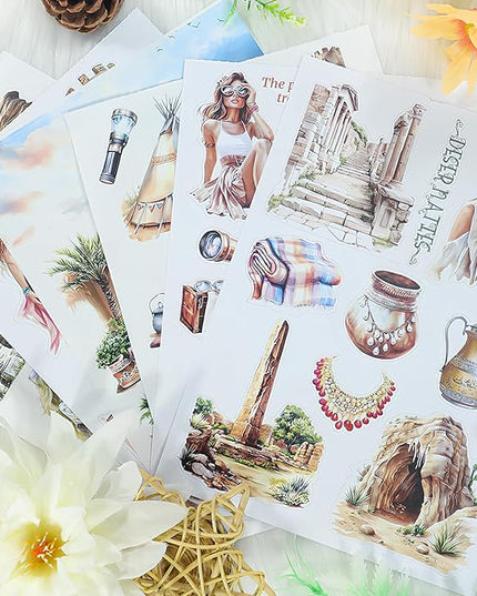 Snycler Sticker Book - 20 Sheets Vintage PET Stickers for Scrapbooking, Junk Journaling, Ephemera, and Decorative Crafts-Desert Travel