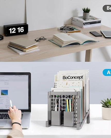 File Organizer for Desk with Storage Box & Hook, Inclined File Organizer with 5-Section Vertical File Holder suitable for Home Office Document Organization (Desk Gray)