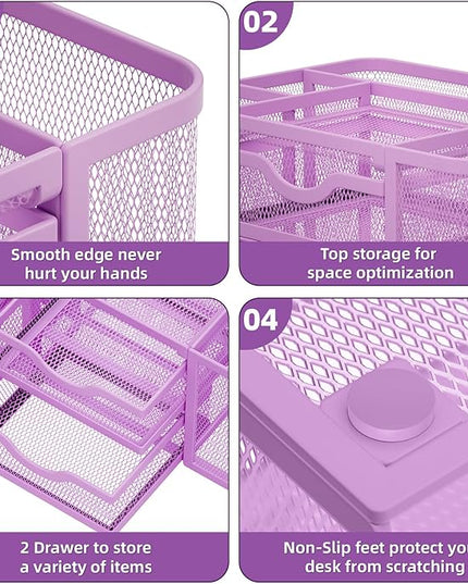 Marbrasse Mesh Desk Organizer, Pen Holder with 2 Drawer, Multi-Functional Pencil Holder, Desk Organizers and Accessories with 5 Compartments + Drawer for Office Art Supplies (Purple)