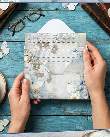 TaoBary 160 Pcs Stationery Paper Set 50 Double Sided Stationery Papers with 50 Matching Envelopes and 60 Round Dot Sticker, 10 Design (Serenity Junk,8.25 x 5.5 Inch)