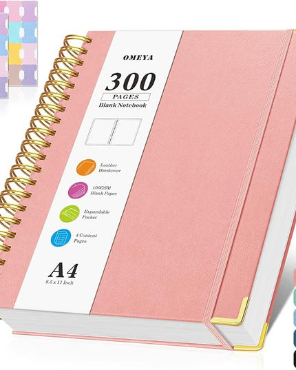 Blank Spiral Notebook: Sketch Book 8.5" X 11", Hardcover Sketchbook, 300 Pages Leather Unlined Notebook for Women Men,100GSM Thick Paper Journal, A4 Large Art Sketchbook for Drawing Writing Work, Pink