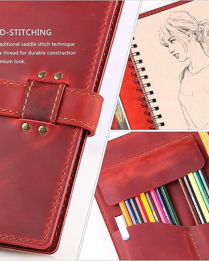 Robrasim Handmade Leather Sketchbook Cover, Leather Artist Sketch Pad Cover for 5.5" x 8.5" Sketchbook, Drawing Book and Pencil Case, Journal Notebook Portfolio, Artis Gifts-Wine