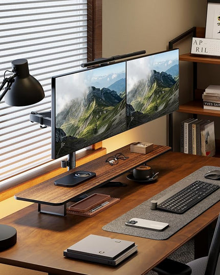 monTEK Stable Freestanding Dual Monitor Stand for 17–32” Computer Screens, Heavy-Duty Desk Mount with 22 lbs per Arm, Fully Adjustable Brackets and Arms, Solid V-Shaped Base, VESA 100×100mm Max