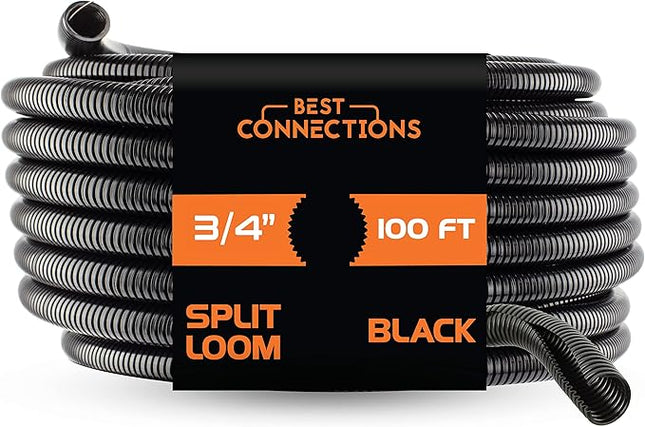 BEST CONNECTIONS 100 Ft – 3/4" Diameter Split Wire Loom Flex-Guard Convoluted Tubing with 100 Pcs x 4" Nylon Cable Zip Ties – Protective Split Cable Sleeves/Conduit – Black (3/4" Loom + 4" Zip Ties)