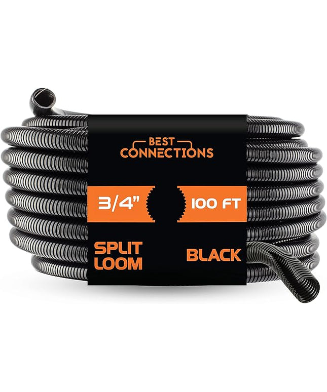 BEST CONNECTIONS Split Wire Loom Flex-Guard Convoluted Tubing Protective Split Cable Sleeves for Auto Home Industrial Electrical Wires Chemical Resistant Conduit Black (3/4" - 100 ft)