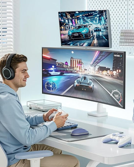 ARES WING Dual Monitor Mount for 17-49 Inch Ultrawide Heavy Duty Curved Screen, Computer Monitor Arm Desk Mount, Gas Spring Adjustable Dual Monitor Stand for Desk, White