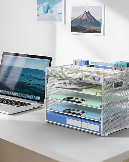 Docnest 5 Tier Mesh Desk Organizer- Letter Tray with Adjustable Compartments, Mesh Desktop Storage Built in Pen Holder and Handles, Desk Organizer Tray for Mail Documents Office Supplies–White