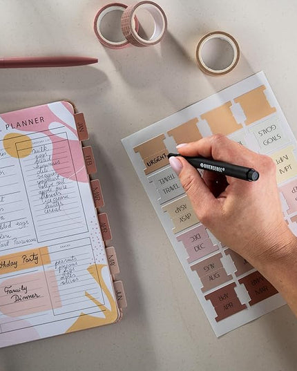 DiverseBee Laminated Planner Monthly Tabs, 24 Peel and Stick Tabs for Notebooks (12 Month Tabs and 4 Blank Tabs), Calendar Monthly Tab Stickers for Planners, Monthly Dividers (Peony)
