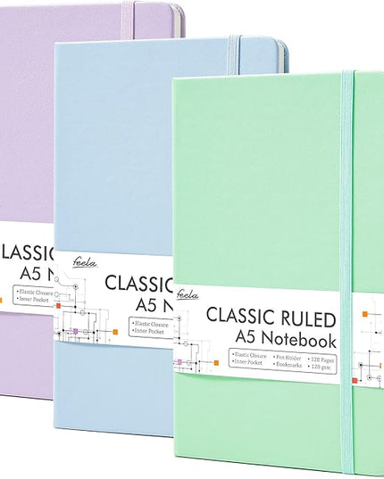 feela 3 Pack Hardcover Notebook For Women, Classic Ruled Lined Journal Set School Business Supplies, with 3 Black Pens, 120 GSM, 5.1”x8.3”, A5, Pastel Colors, Light Blue, Light Purple, Light Green
