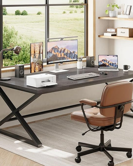 IBF 70 Inch Large Desk, Long Computer Desk for Writing Study, Industrial Home Office Work Executive Desk for Bedroom, Wood Metal Pc Gaming Workstation Computer Table for 2 Monitors, Dark Gray Oak