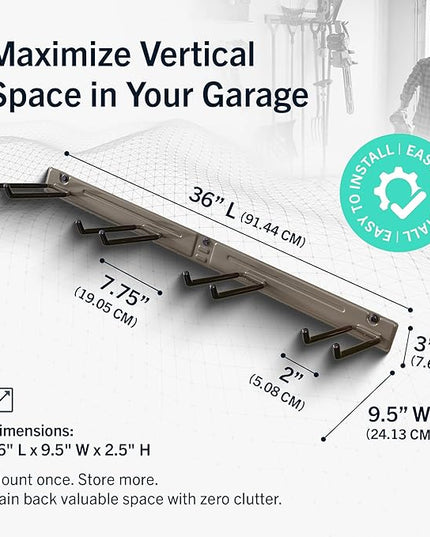 StoreYourBoard Wall-Mounted Rack With 4 Garage Hooks – Heavy-Duty Steel Holder Garage & Garden Storage for Shed, Workshop, or Home Organization – For Rakes, Shovels, Tools & More – 1 Pack, Mud