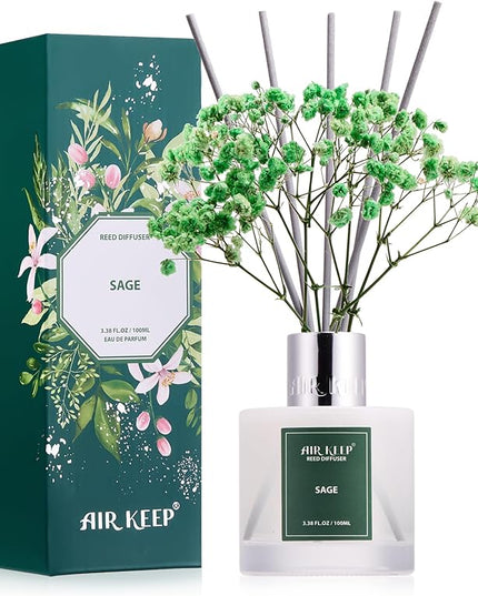 Airkeep Reed Diffuser Set, 3.38 fl oz (100 ml) - Sage Lemon Oil Diffusers with 8 Reed Sticks, Home Fragrance Reed Diffuser for Bathroom Shelf Decor