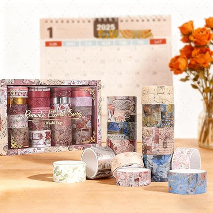 FTTELK 24 Rolls Vintage Washi Tape Set,Glitter Floral Decorative Adhesive Tape for Scrapbooking Supplies,Junk Journal,DIY Crafts,Planners and Gift Wrapping(Romantic Eternal Series)