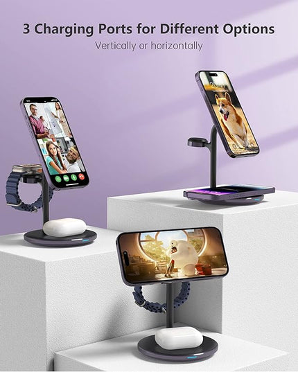 XooFly 3 in 1 Wireless Charging Station for Apple Devices, Fast Wireless Mag-Safe Charger Stand with 20W Adapter for iPhone 17/16 15 14 13 12 Pro Max/Pro/Plus/Air/Mini, iWatch, AirPods(Dark Purple)