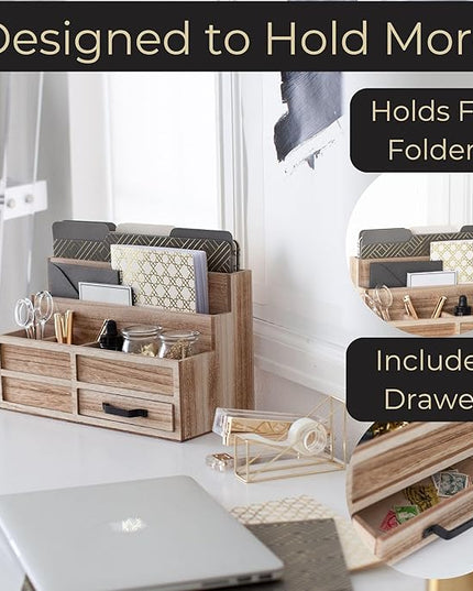 BLU MONACO | Natural Wood Mail Organizer with Drawer & Pen Holder | Rustic Desk Organizer for Bills, Letters & Countertop Storage | Wooden Desktop Mail Sorter for Home & Kitchen