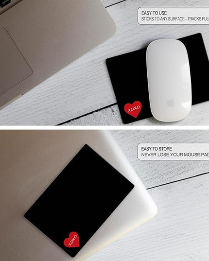 Mouse Pad Adhesive Bottom - Sticks to Any Surface - Portable - Webcam Covers and Screen Cleaner Included (Heart XOXO)