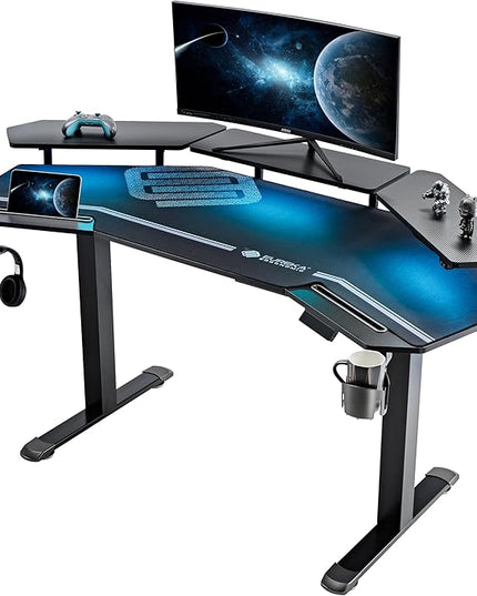 EUREKA ERGONOMIC Gaming Desk Adjustable Height Standing Desk 63" Wing Shaped Music Studio Table Workstation w Full Coverage Mousepad, 3 Stands, Dual Headphone/Cup Holder, Ipad-Slot